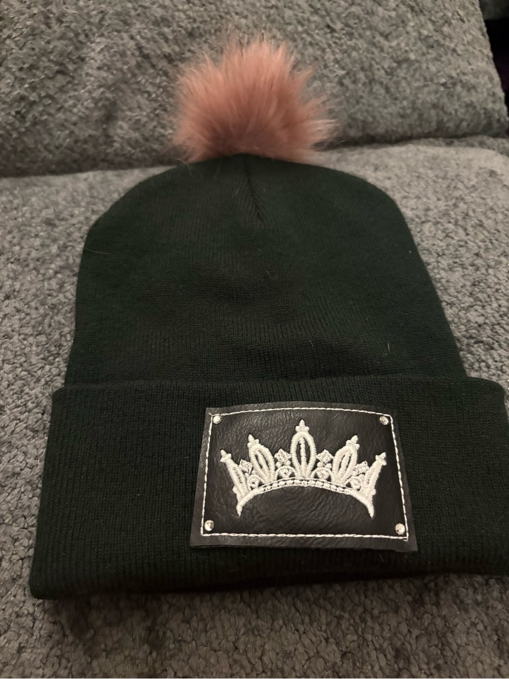 Black Beanie Hat with Pink Faux Fur Pom and Crown Patch
